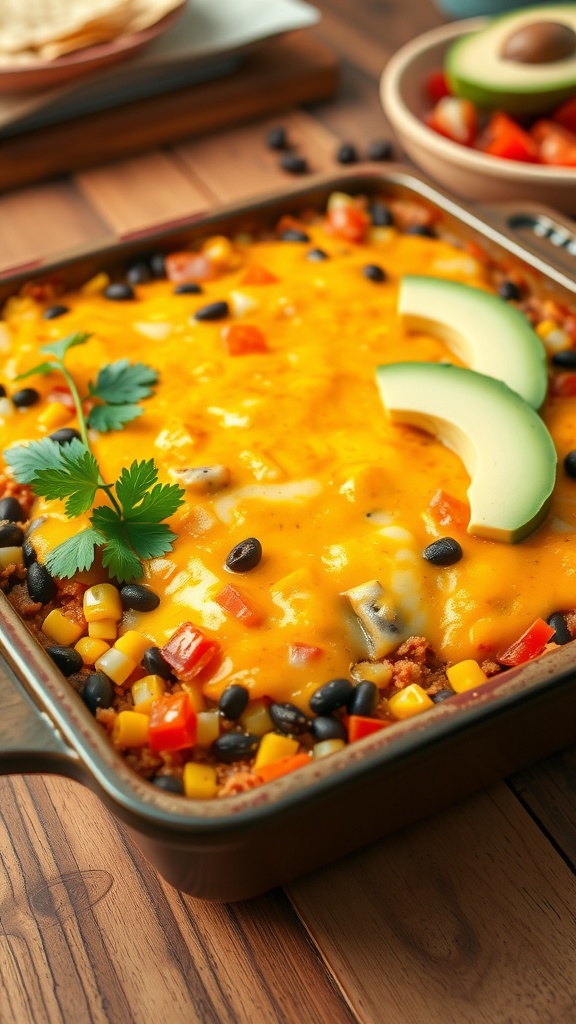 Quinoa taco bake with melted cheese and colorful ingredients in a rustic dish, garnished with cilantro and avocado.
